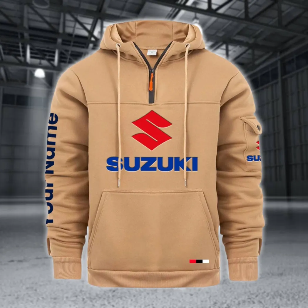 Racing Auto Large Pocket Hoodie, Car Lover's Quarter-Zip CAR514 - Khaki