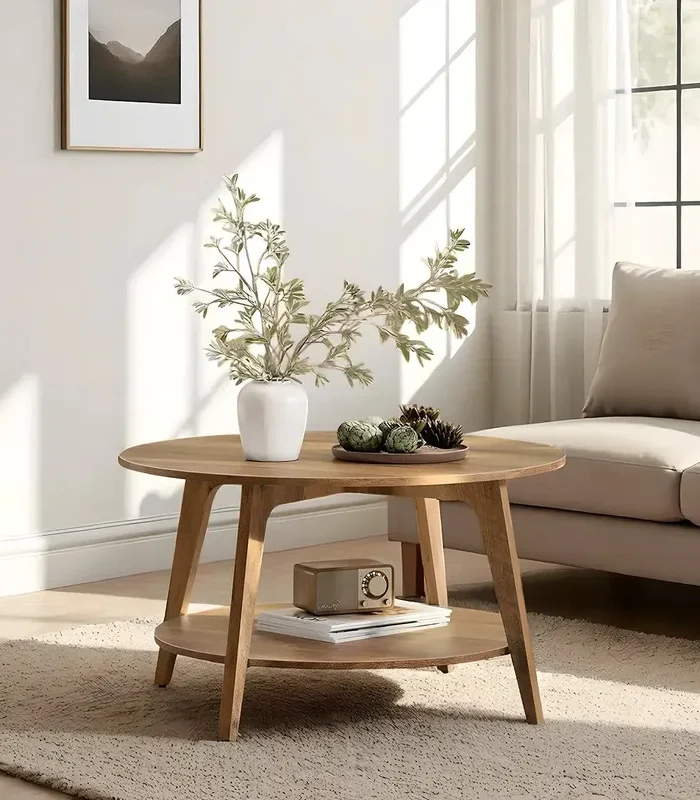 Round Solid Wood Coffee Table Two Tier Minimalist Design