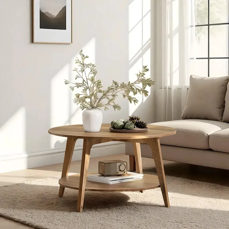 Round Solid Wood Coffee Table Two Tier Minimalist Design
