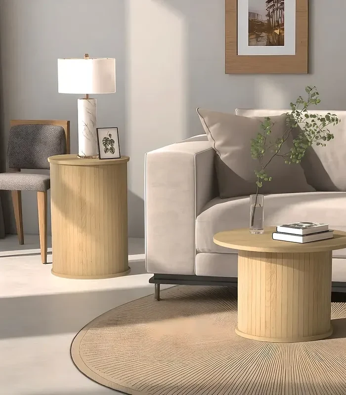 Round Solid Wood Coffee Table Set Large 55 cm Small 38 cm