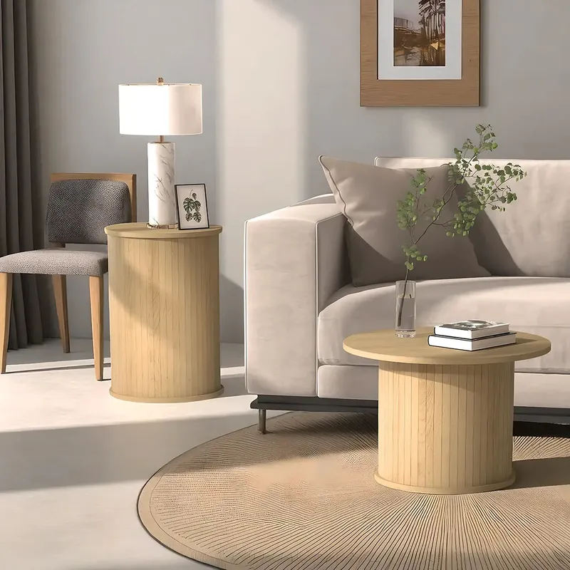 Round Solid Wood Coffee Table Set Large 55 cm Small 38 cm