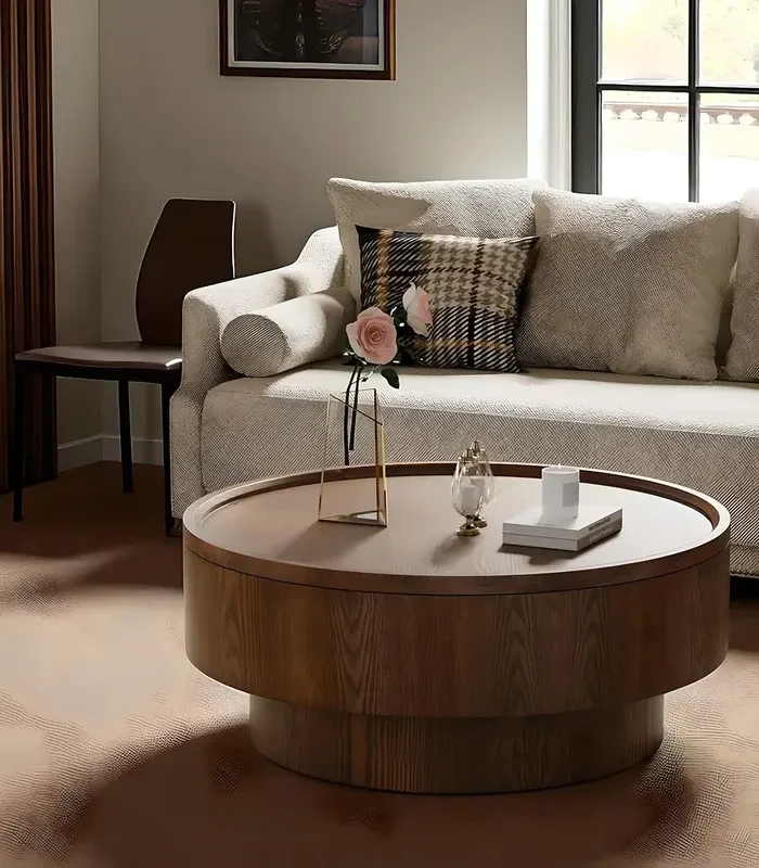 Round Solid Wood Coffee Table With Hidden Storage Shelf Modern Design