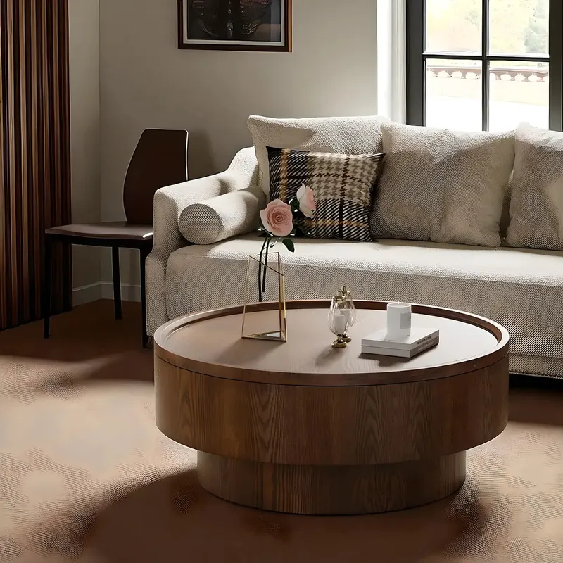 Round Solid Wood Coffee Table With Hidden Storage Shelf Modern Design